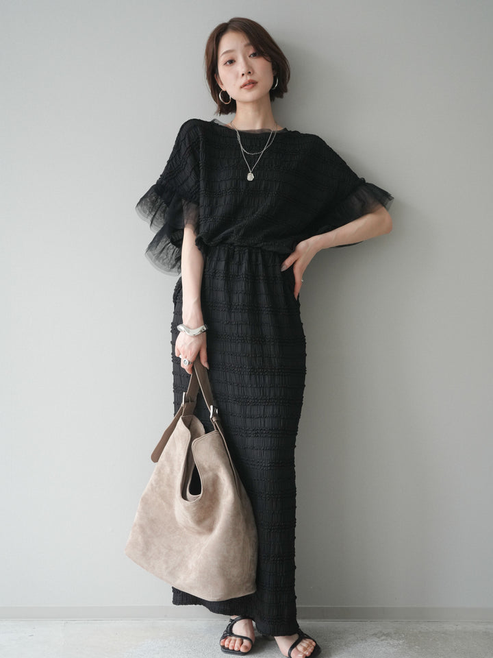 [SET]チュール袖リップルトップス+リップルIラインスカート(2set)