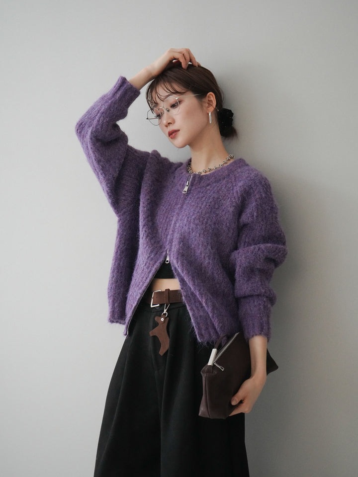 [予約]MIXヤーンモヘアタッチZIPニットカーディガン/purple