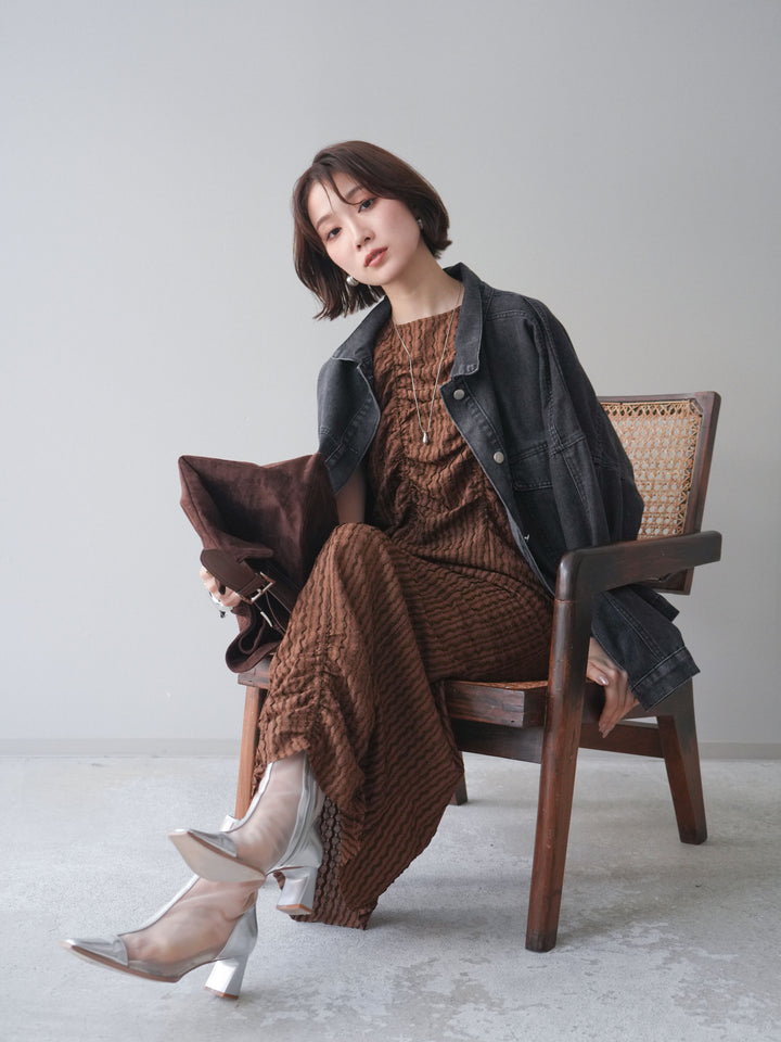 [SET]シャーリングジャガードノースリーブワンピース+ルーズシルエットデニムジャケット(2set)