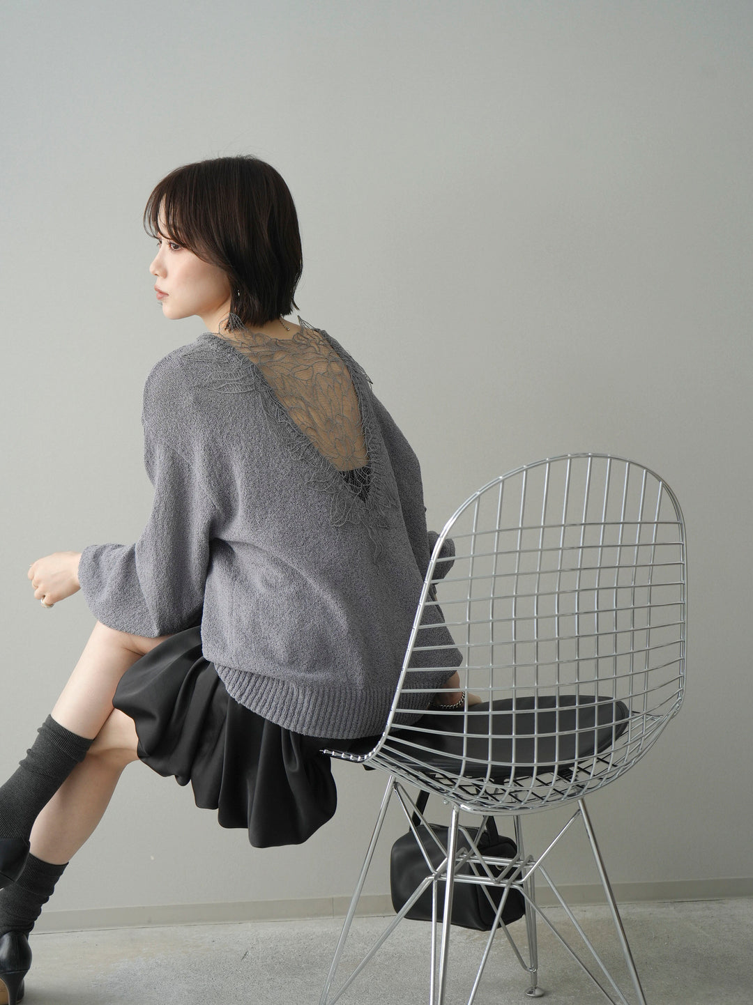 [予約]バックシアーフラワーレースニットプルオーバー/gray