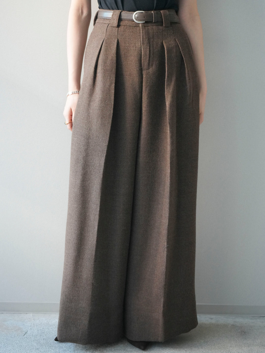 [予約]ウールタッチベルト付ワイドパンツ/brown