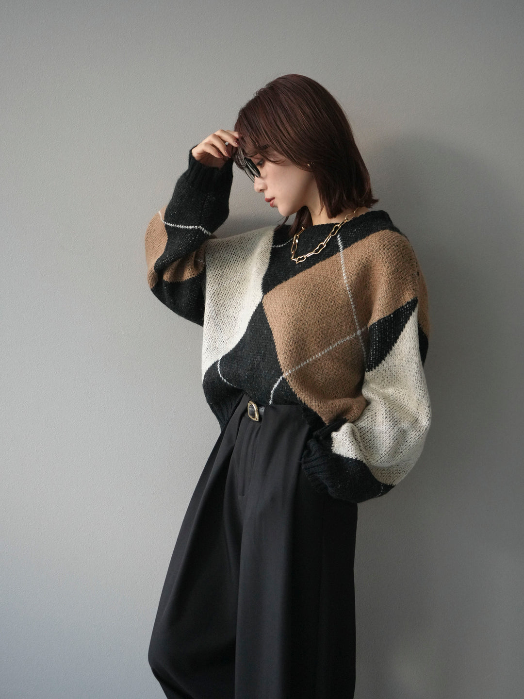 [予約]配色ステッチアーガイル柄ニットプルオーバー/black