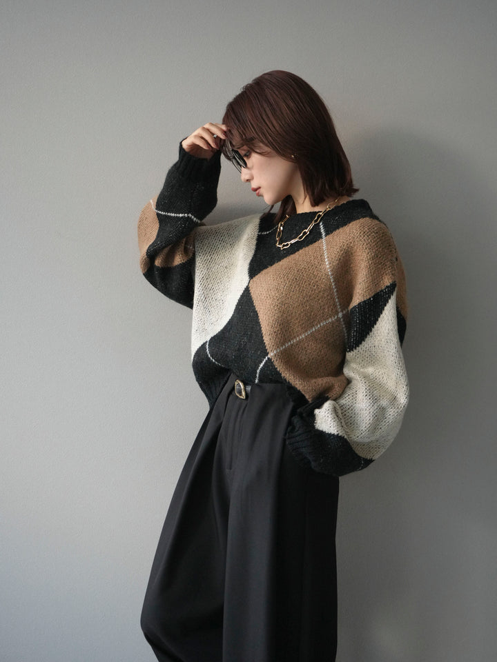 [予約]配色ステッチアーガイル柄ニットプルオーバー/black