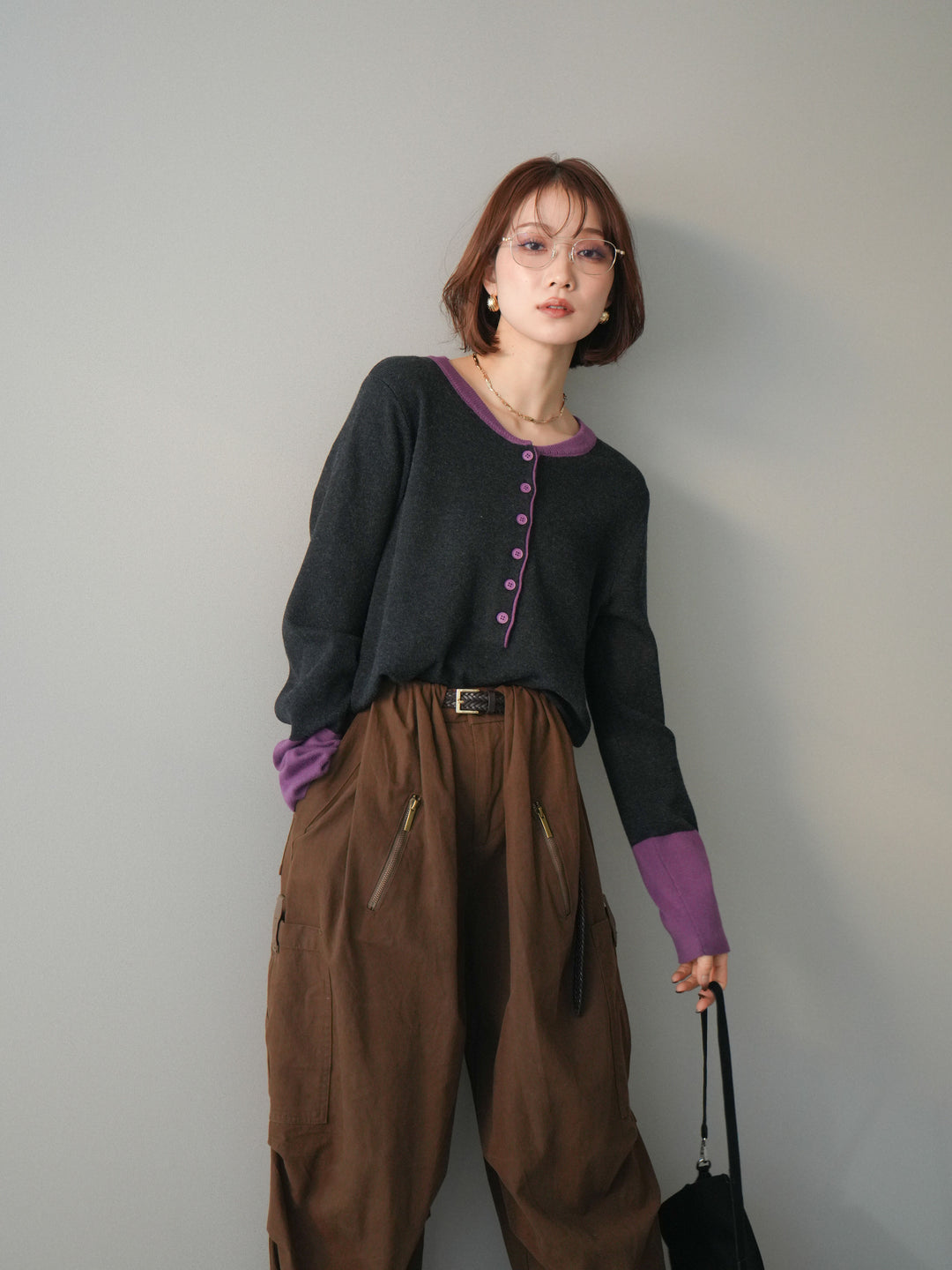 [SET]ヘンリーネック配色ニットソー+ヘンリーネック配色ニットソー(2set)