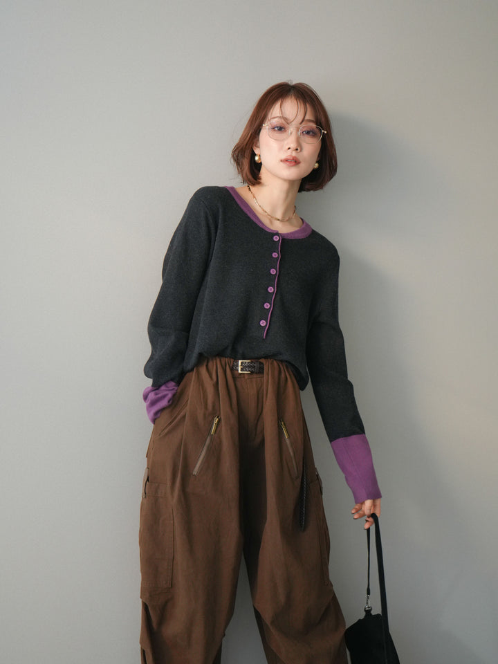 [SET]ヘンリーネック配色ニットソー+ヘンリーネック配色ニットソー(2set)