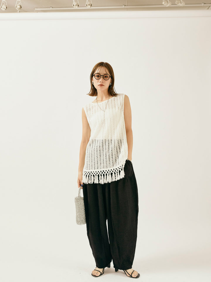 [予約]フリンジ透かし編みニットベスト/ホワイト