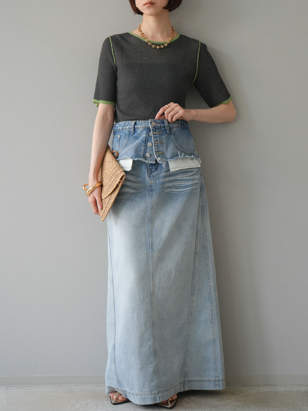 [予約]麻タッチ配色ニットハーフスリーブトップス/チャコール