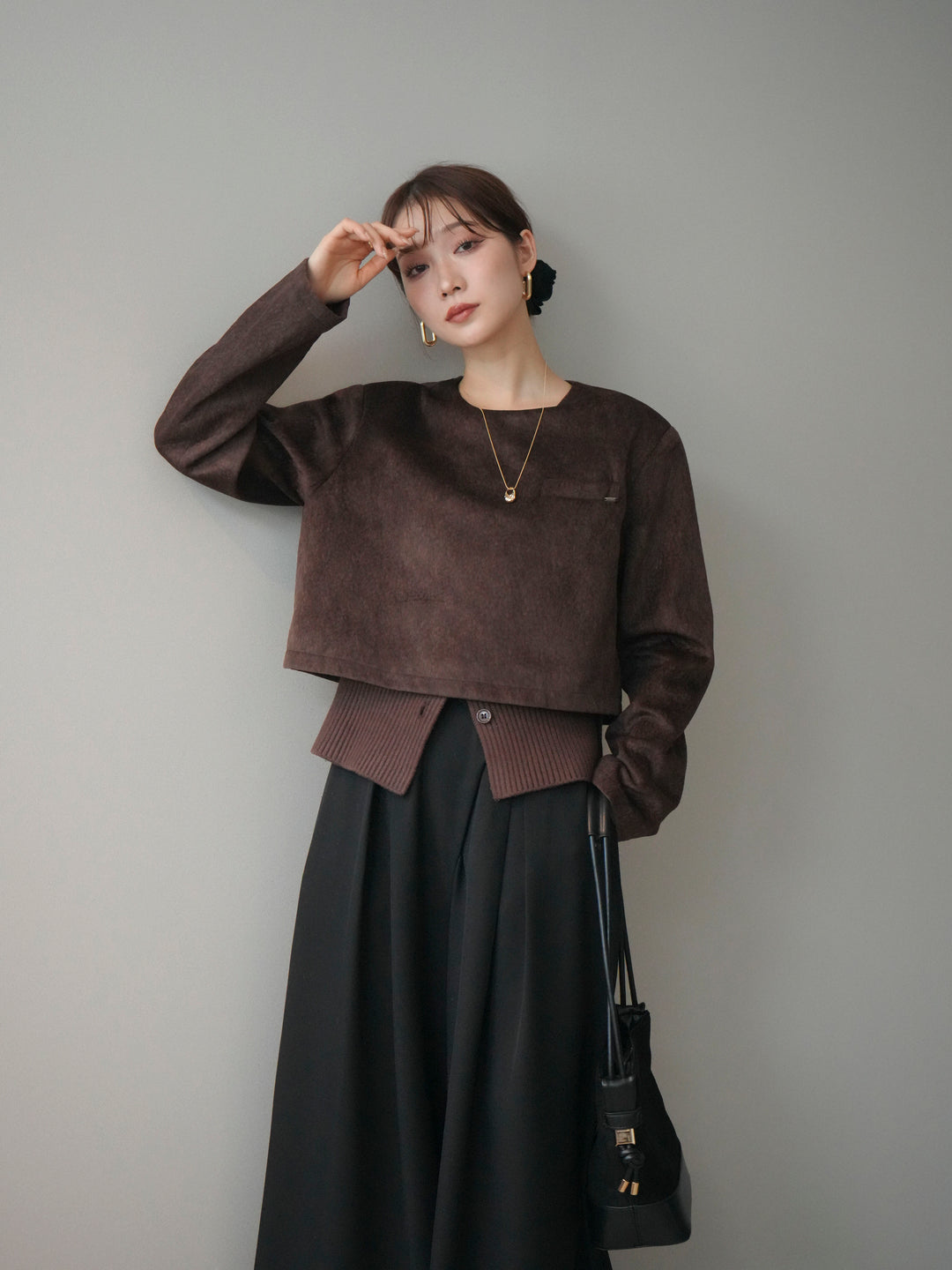 [予約]リブニットレイヤードスエードプルオーバー/brown