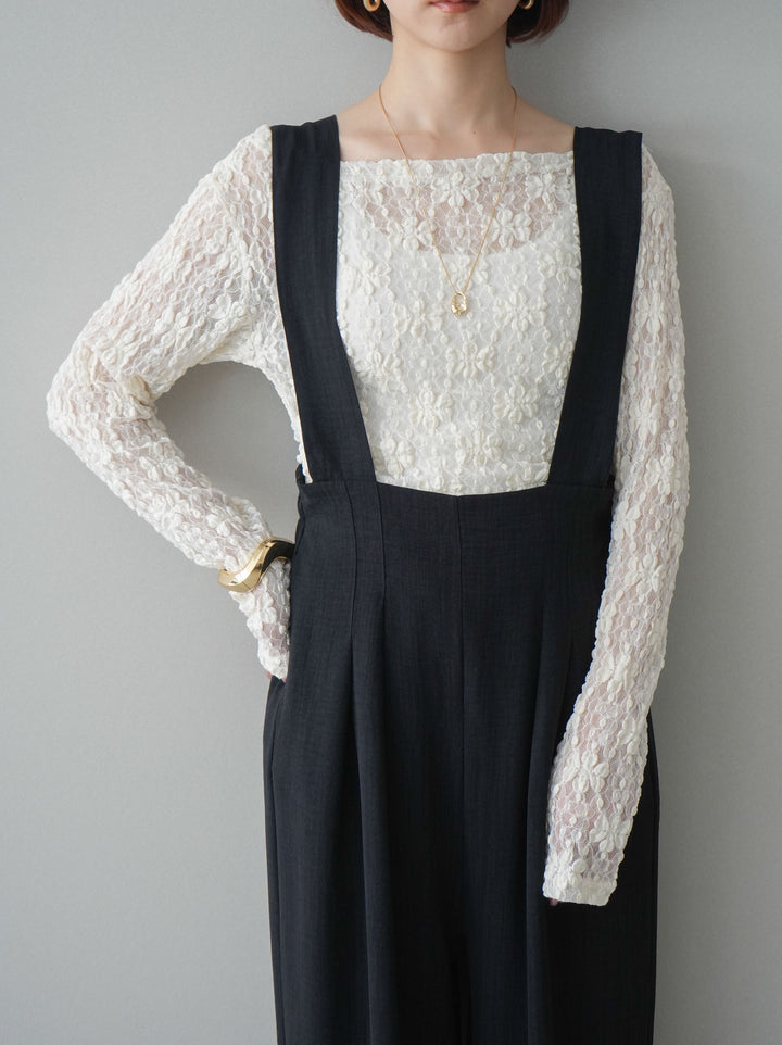 [SET]サイドギャザーレーストップス+シボ加工ハイウエストタックサロペット(2set)