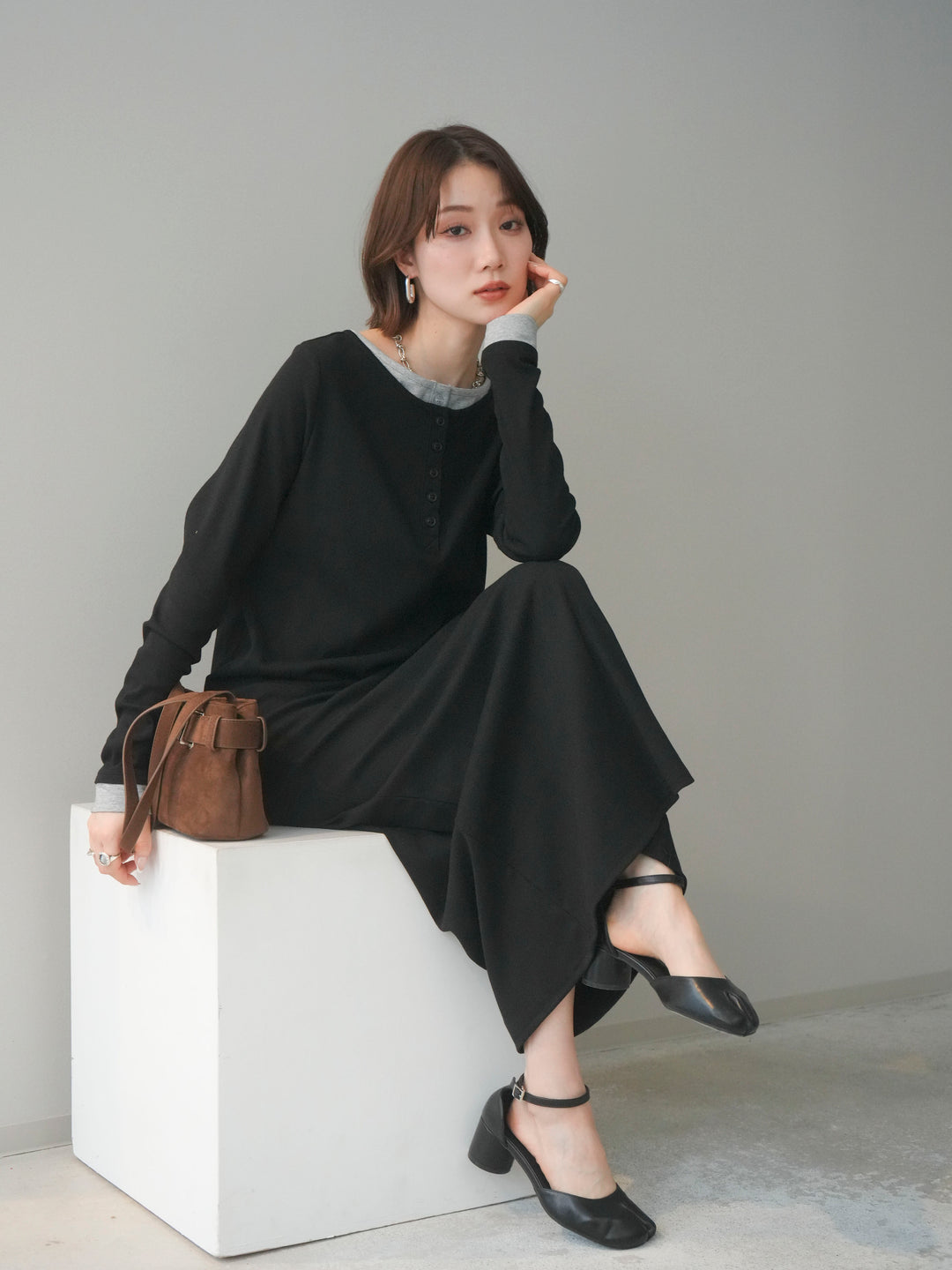 [SET]配色レイヤードヘンリーネックカットリブワンピース+配色レイヤードヘンリーネックカットリブワンピース(2set)