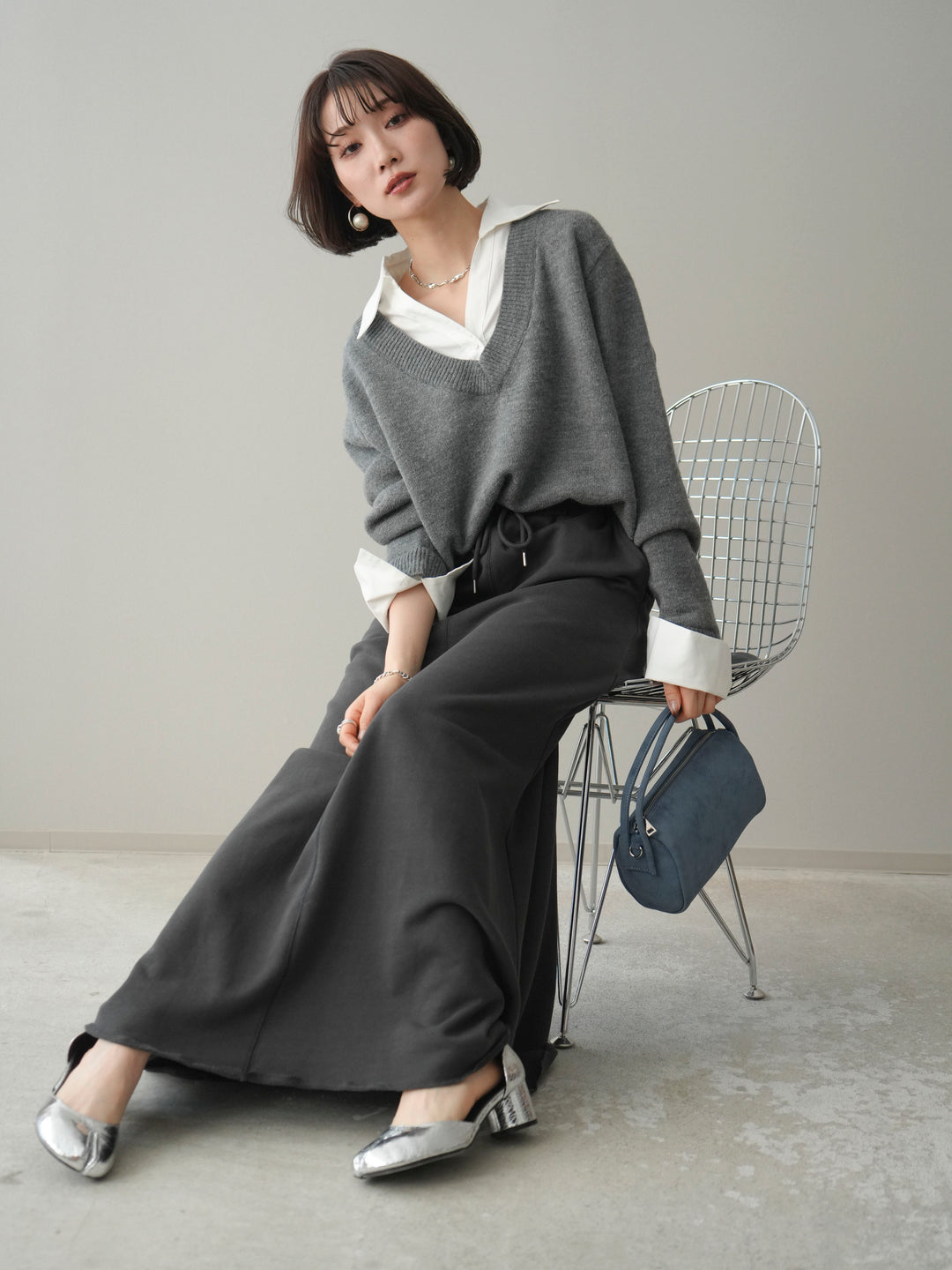 [予約]シャツドッキングVネックニットトップス/gray