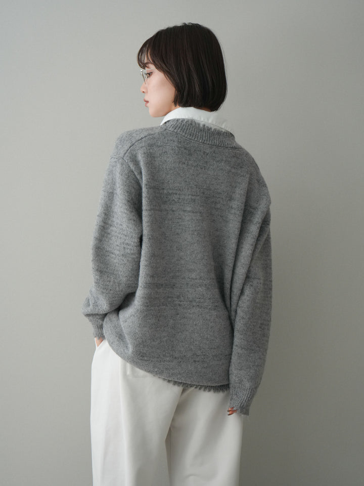 [予約]シャツドッキングVネックフリンジニットプルオーバー/gray