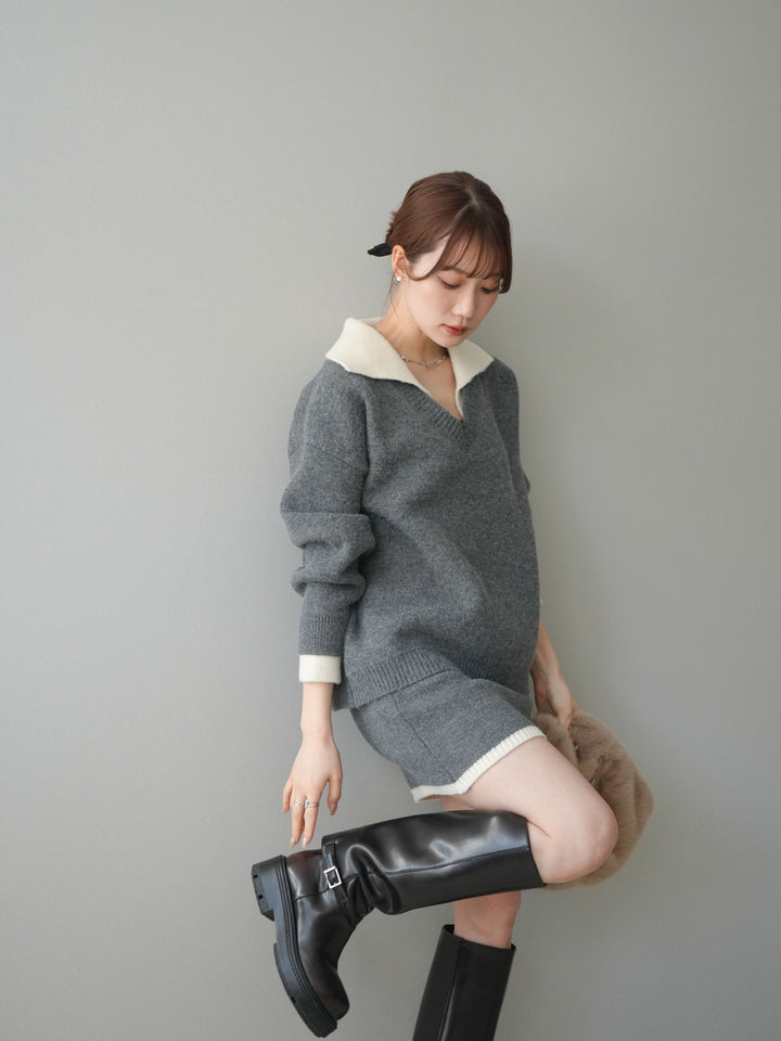 [SET]配色襟ニット＆ミニスカートSET UP+配色襟ニット＆ミニスカートSET UP(2set)