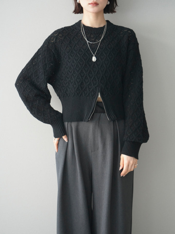 [予約]透かし編みフロントジップスリットニットプルオーバー/black