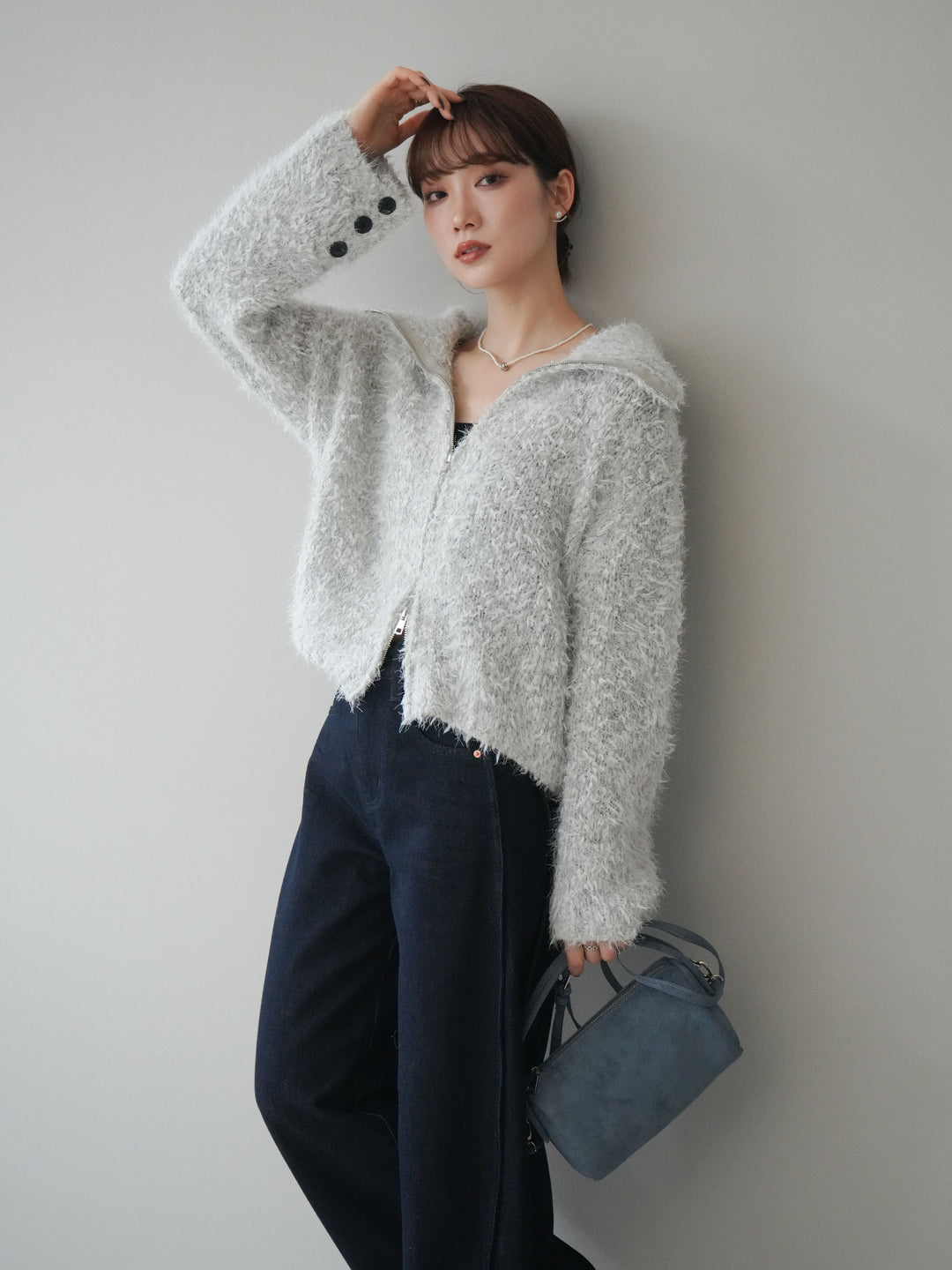 [予約]ミックスシャギージップニットカーディガン/ivory