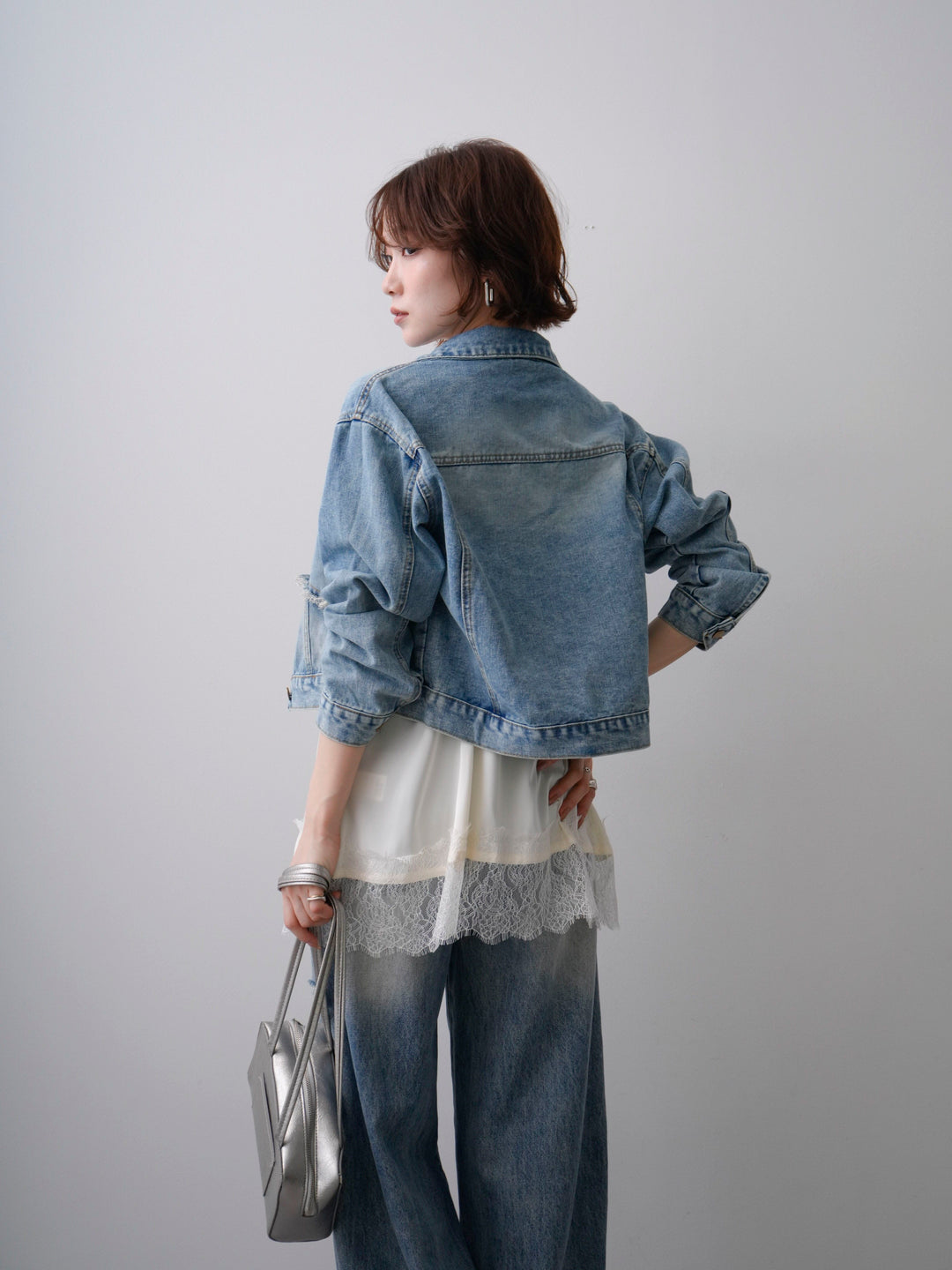 [SET]Wフリンジポケットデニムジャケット+ダメージデニムセミワイドパンツ(2set)
