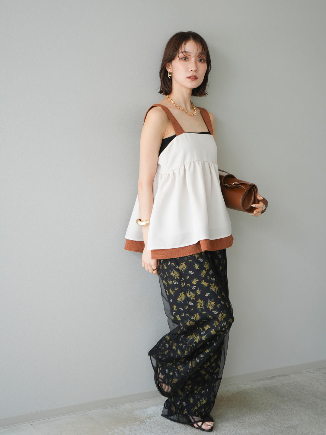 [SET]リネンライク配色フレアタンクトップ+ブーケプリントタックパンツ(2set)
