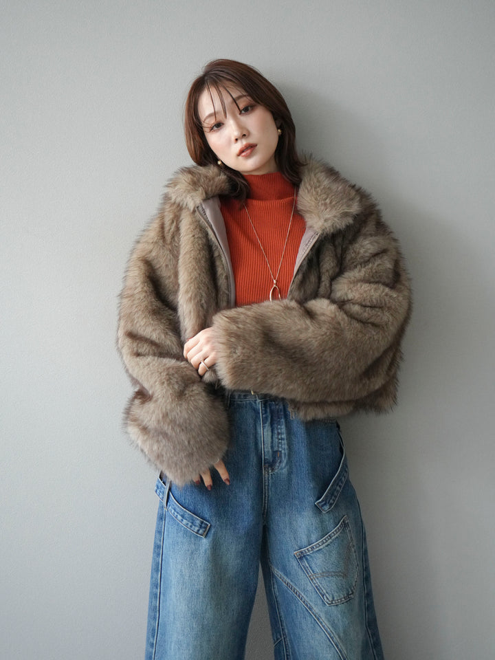 [予約]フェイクファーショートZIPジャケット/brownmix