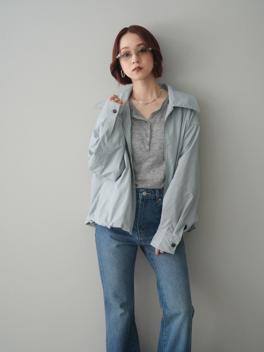 [予約]ウォッシャブルフェイクレザーバルーンジャケット/blue