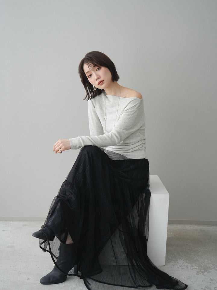 [予約]ラインストーンアシンメトリーニットトップス/gray