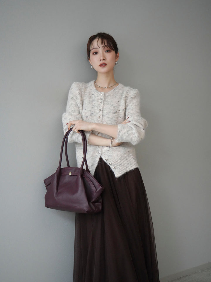 [SET]ブローチ付silverボタンミックスニットカーディガン+チュールボリュームスカート(2set)