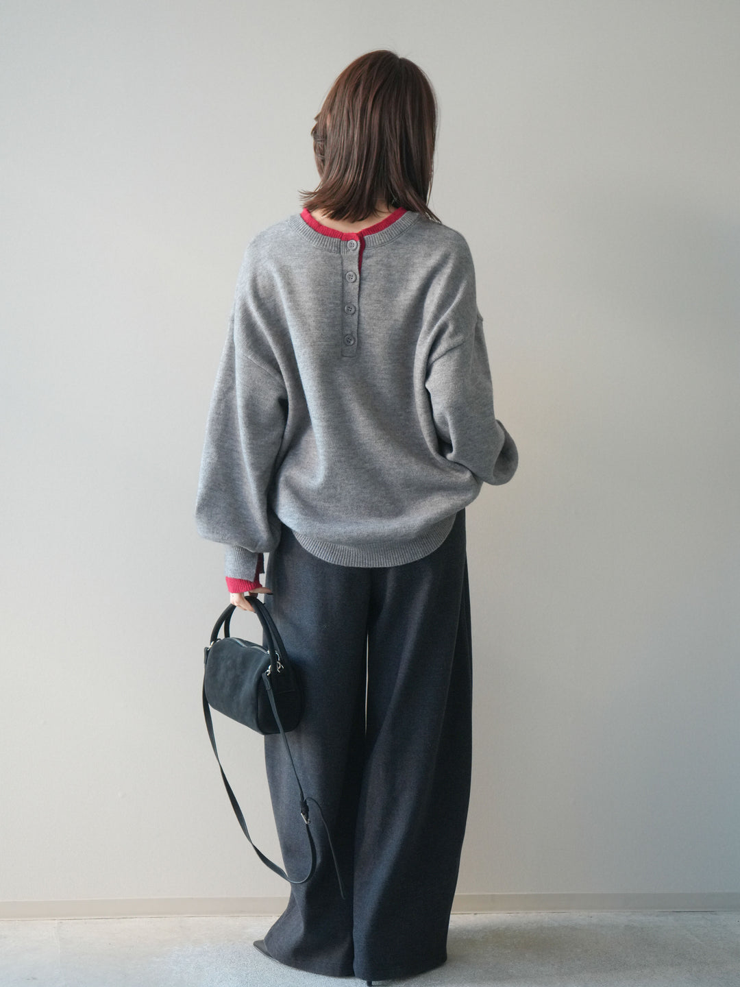 [予約]アニマル柄ベルト付きウールタッチワイドパンツ/charcoal