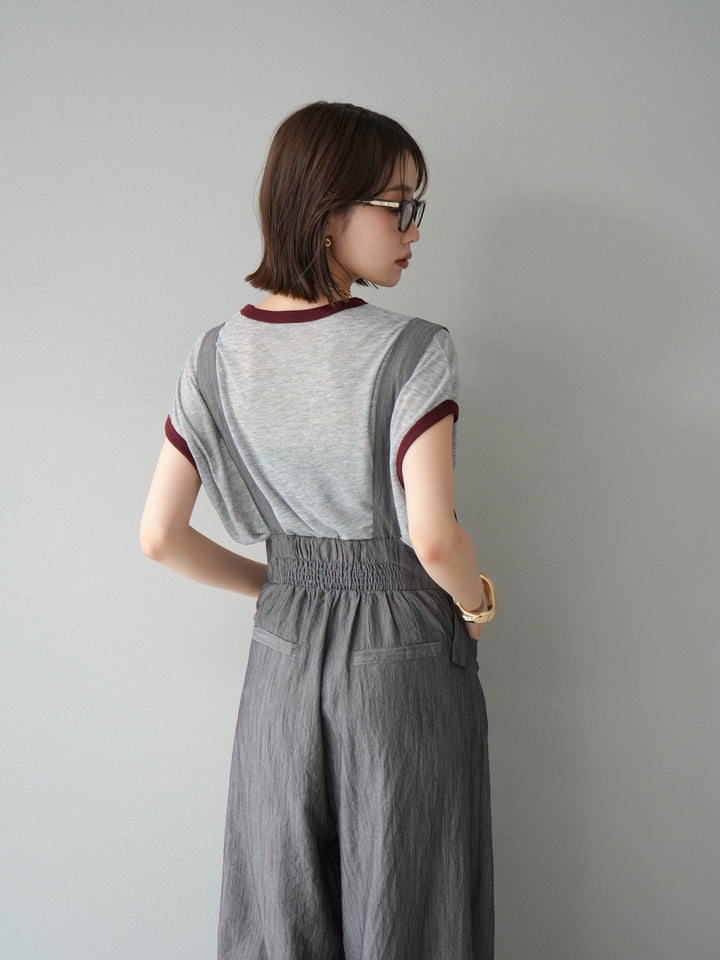 [SET]ストリングデザインハイウエストサロペット+シアーフライス ロゴプリントT (2set)