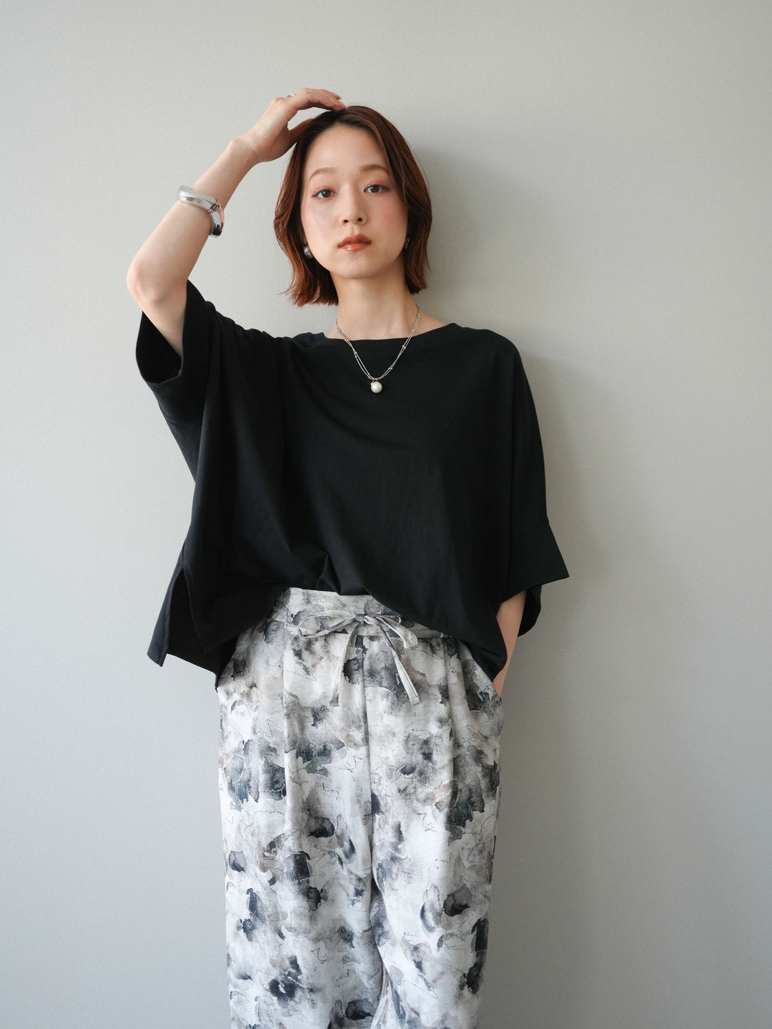 【套裝】蝙蝠袖闊腿上衣 + 藝術印花寬鬆闊腿褲（兩件套）