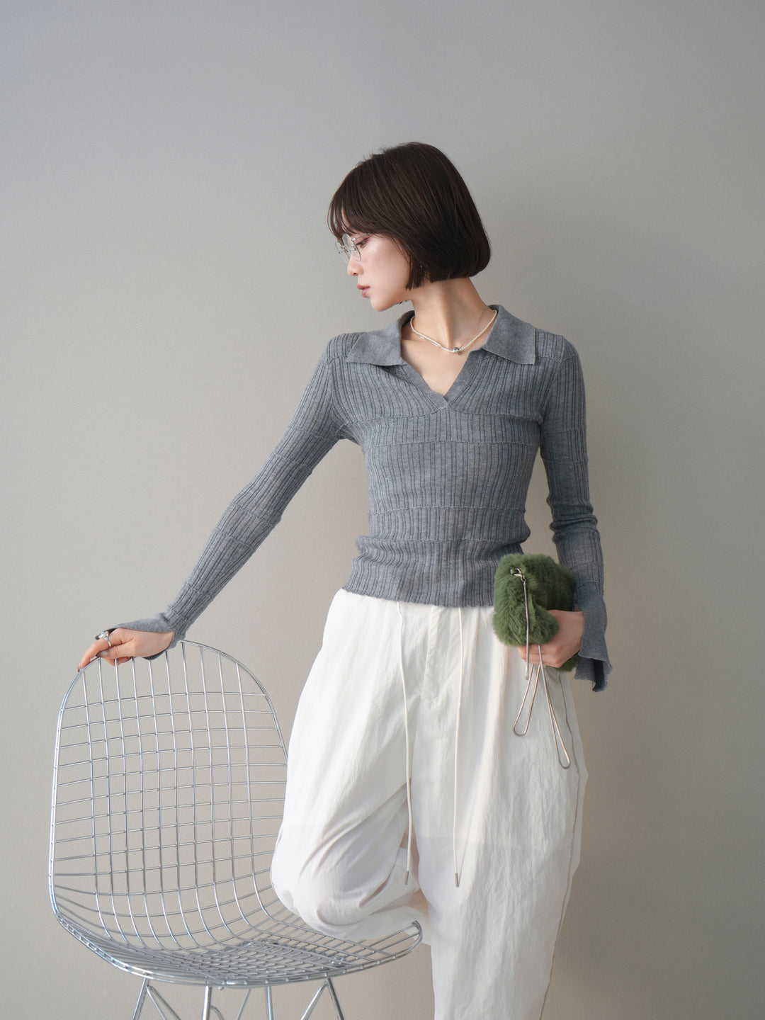 [予約]シアーリブスキッパーニットトップス/gray