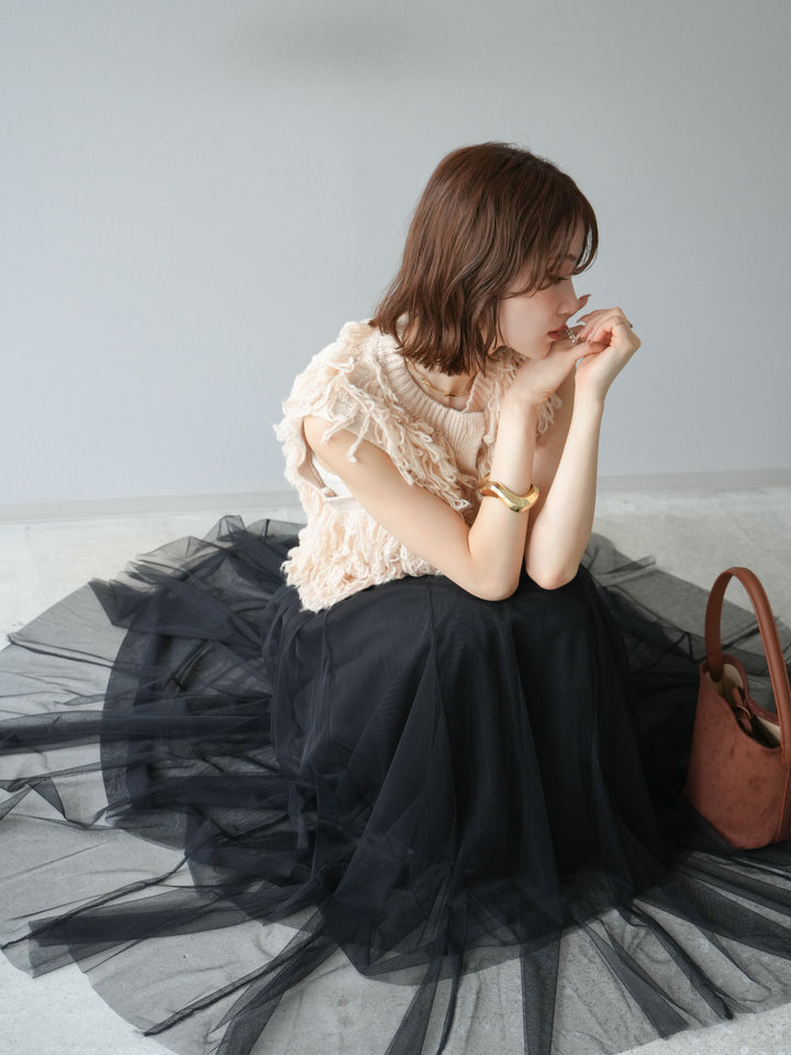 [SET] 前開衩針織背心 + 薄紗蓬鬆裙 (2 件套)