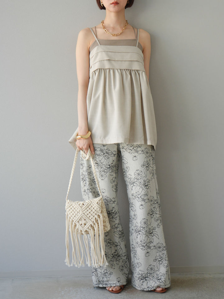 【預購】花朵提花牛仔寬褲/黑