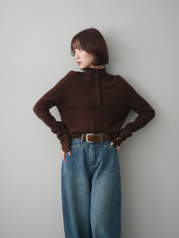 [SET]袖スカラップレースフロントボタンウールニットトップス+選べるアクセセット(2set)