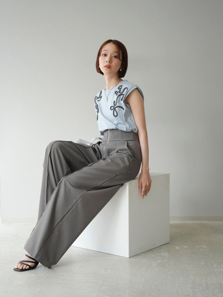 [SET]コード刺繍フレンチスリーブTシャツ+ジップタックワイドパンツ(2set)