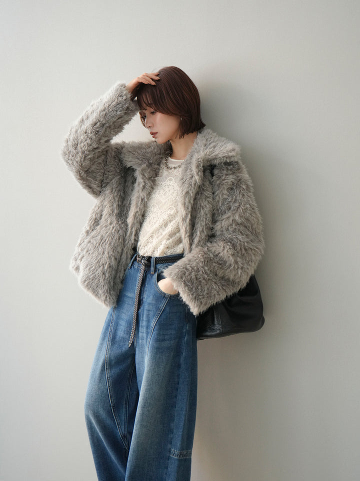 [予約]フェイクファー襟付きショートブルゾン/gray