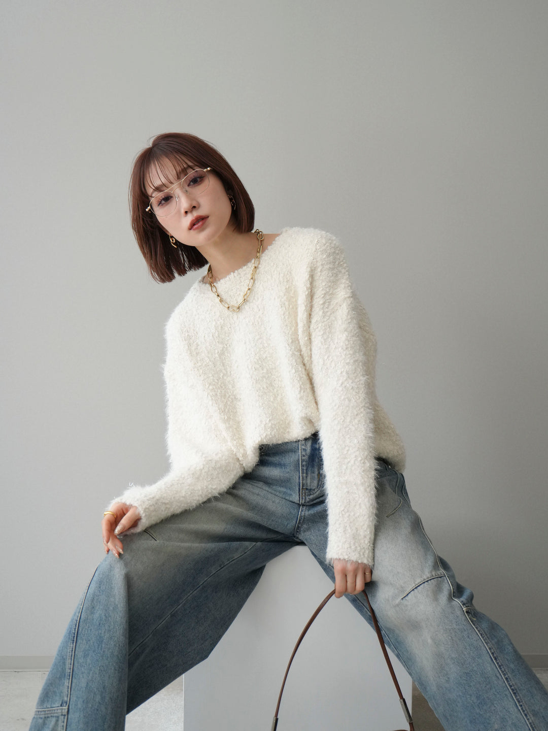 [SET]モールラメミックスヤーンニットプルオーバー+ベルト付カーブデニムパンツ(2set)