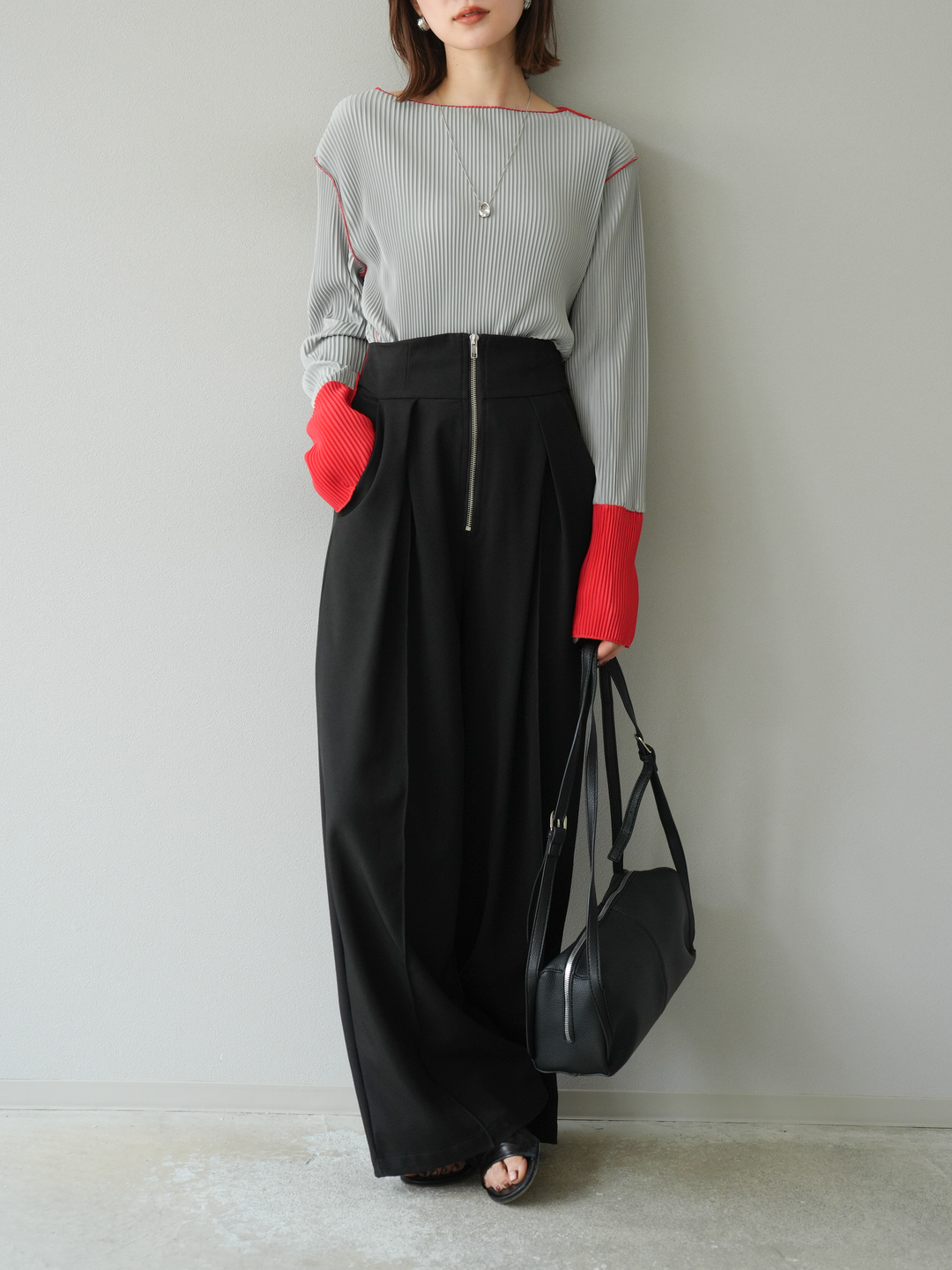 [予約]バイカラープリーツトップス/グレー