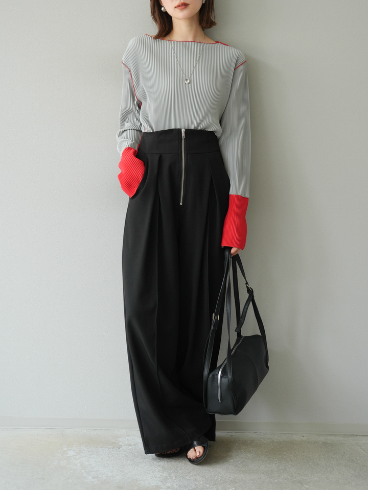 [予約]バイカラープリーツトップス/グレー