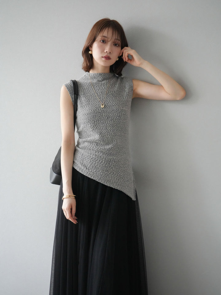 [SET]ブークレアシメニットノースリーブトップス+チュールボリュームスカート(2set)