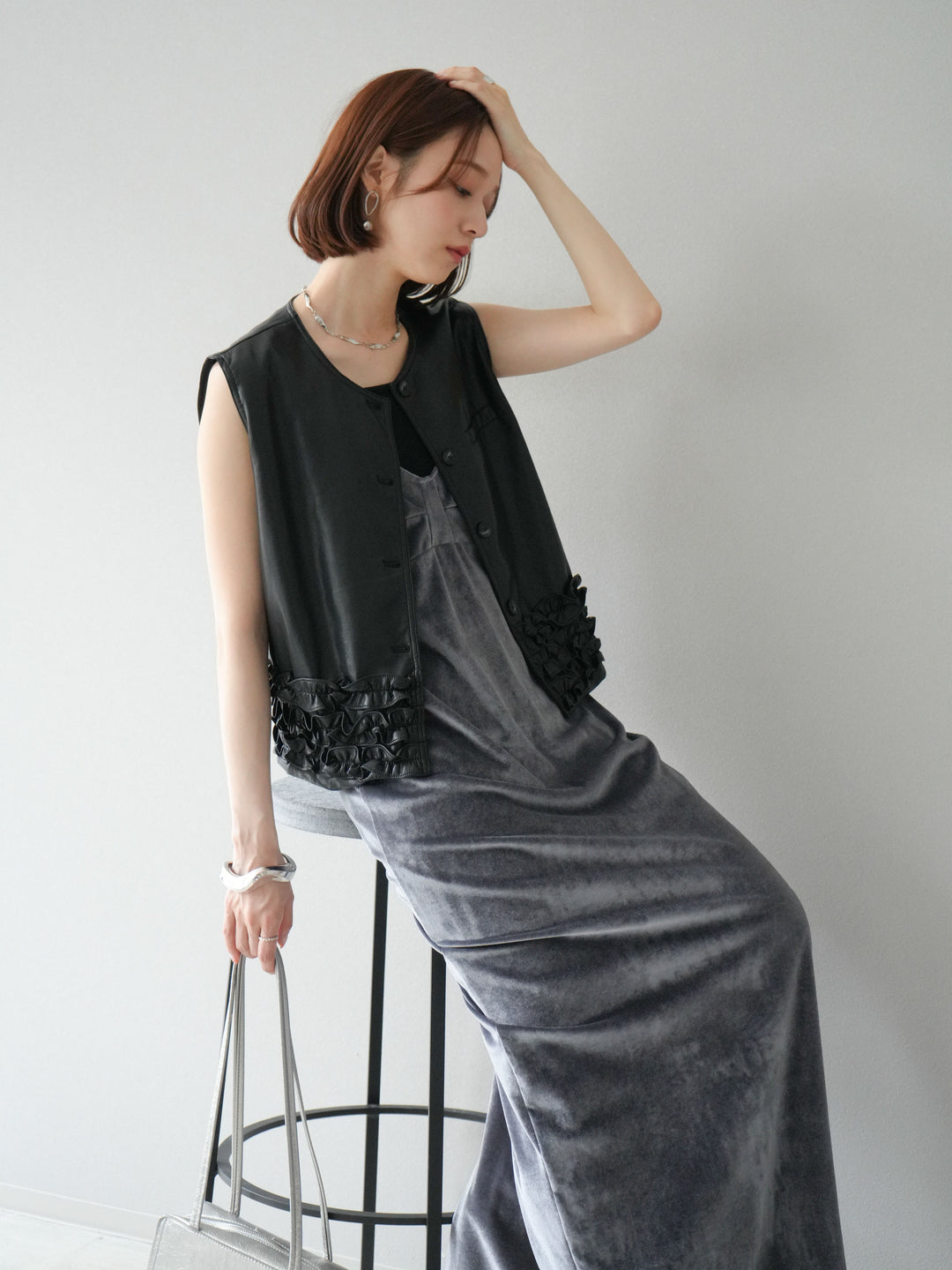 [予約]ベロアビスチェキャミワンピース/グレー