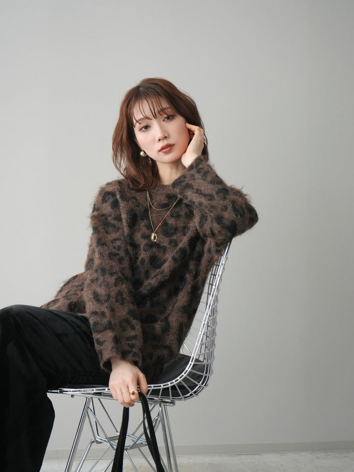 [予約]レオパードシャギーニットプルオーバー/brown
