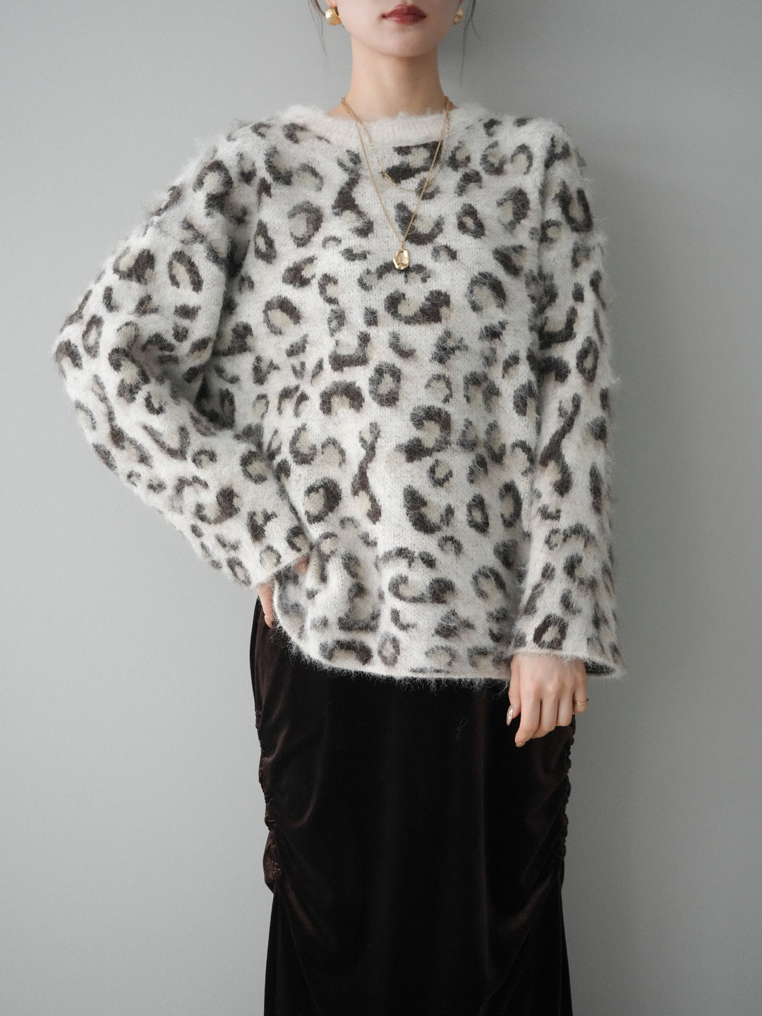 [予約]レオパードシャギーニットプルオーバー/apricot