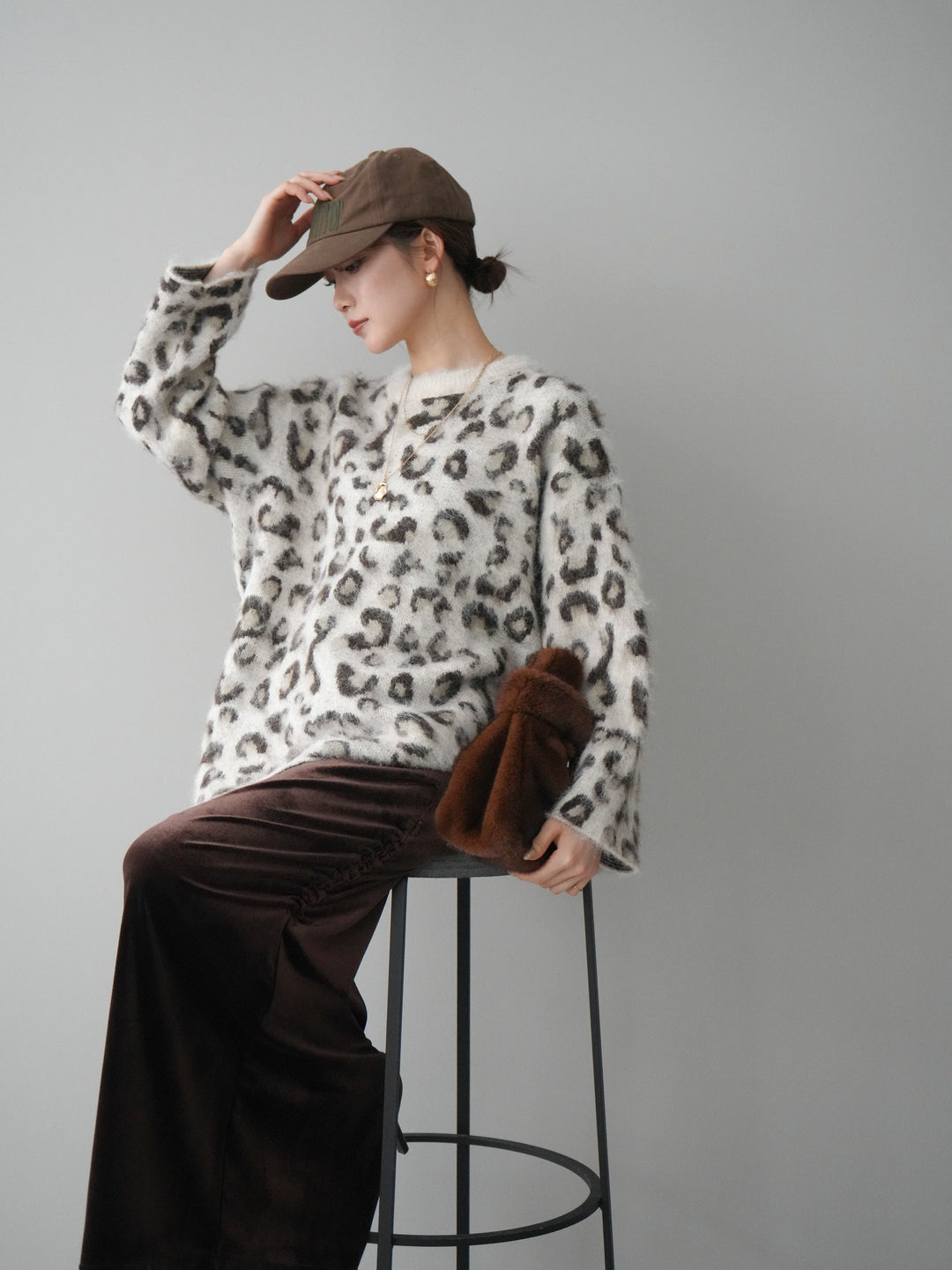 [予約]レオパードシャギーニットプルオーバー/apricot