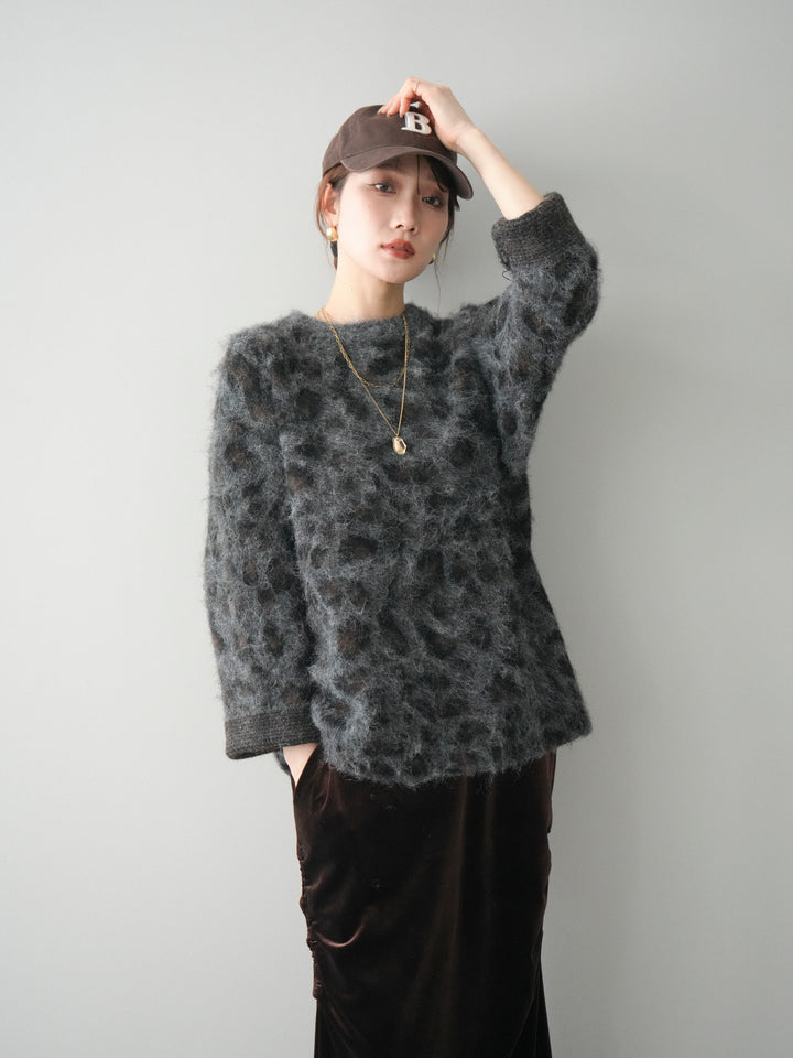 [予約]レオパードシャギーニットプルオーバー/gray