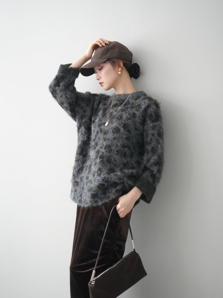 [予約]レオパードシャギーニットプルオーバー/gray
