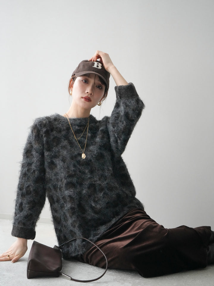 [予約]レオパードシャギーニットプルオーバー/gray