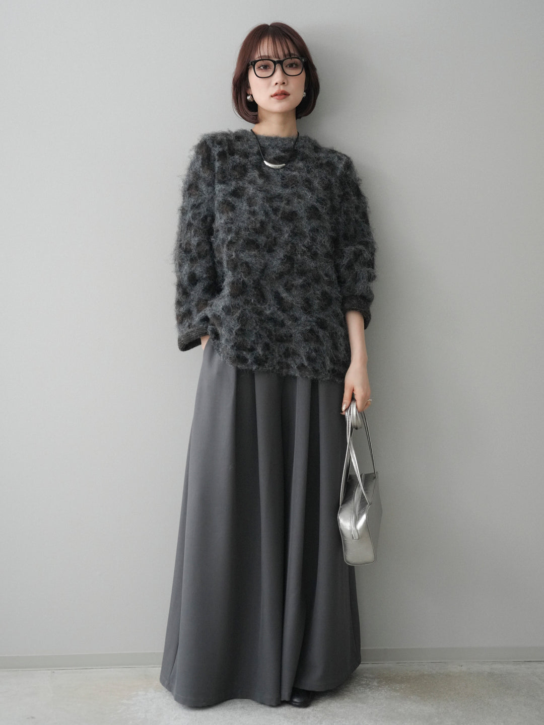 [予約]レオパードシャギーニットプルオーバー/gray