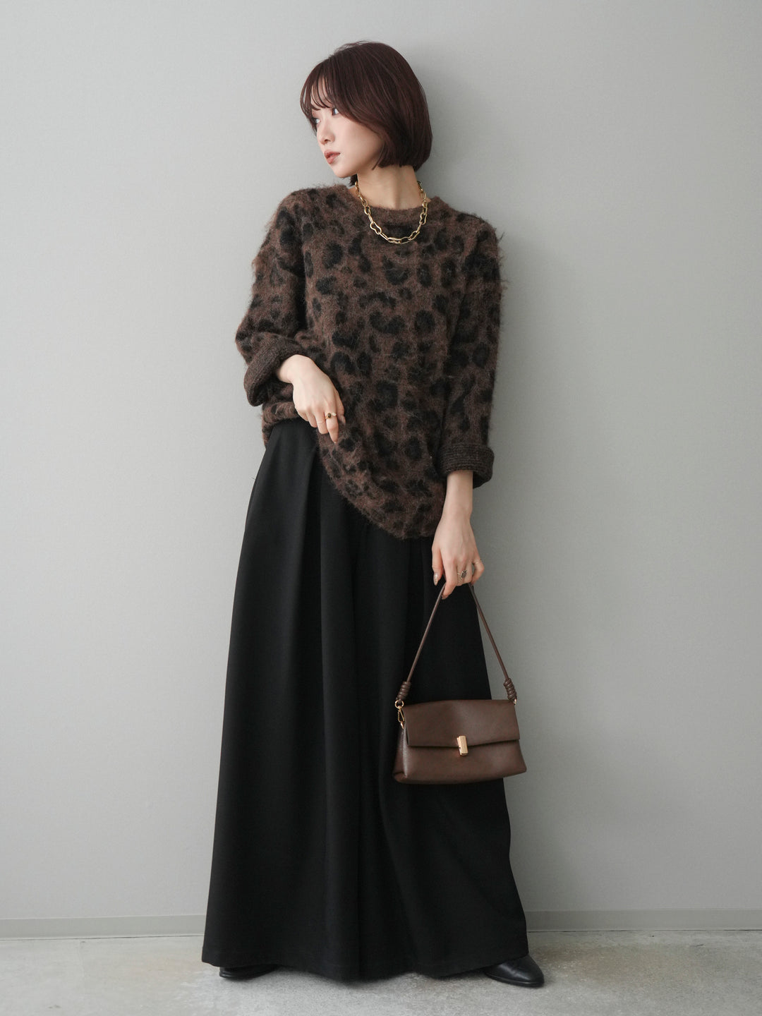 [予約]レオパードシャギーニットプルオーバー/brown