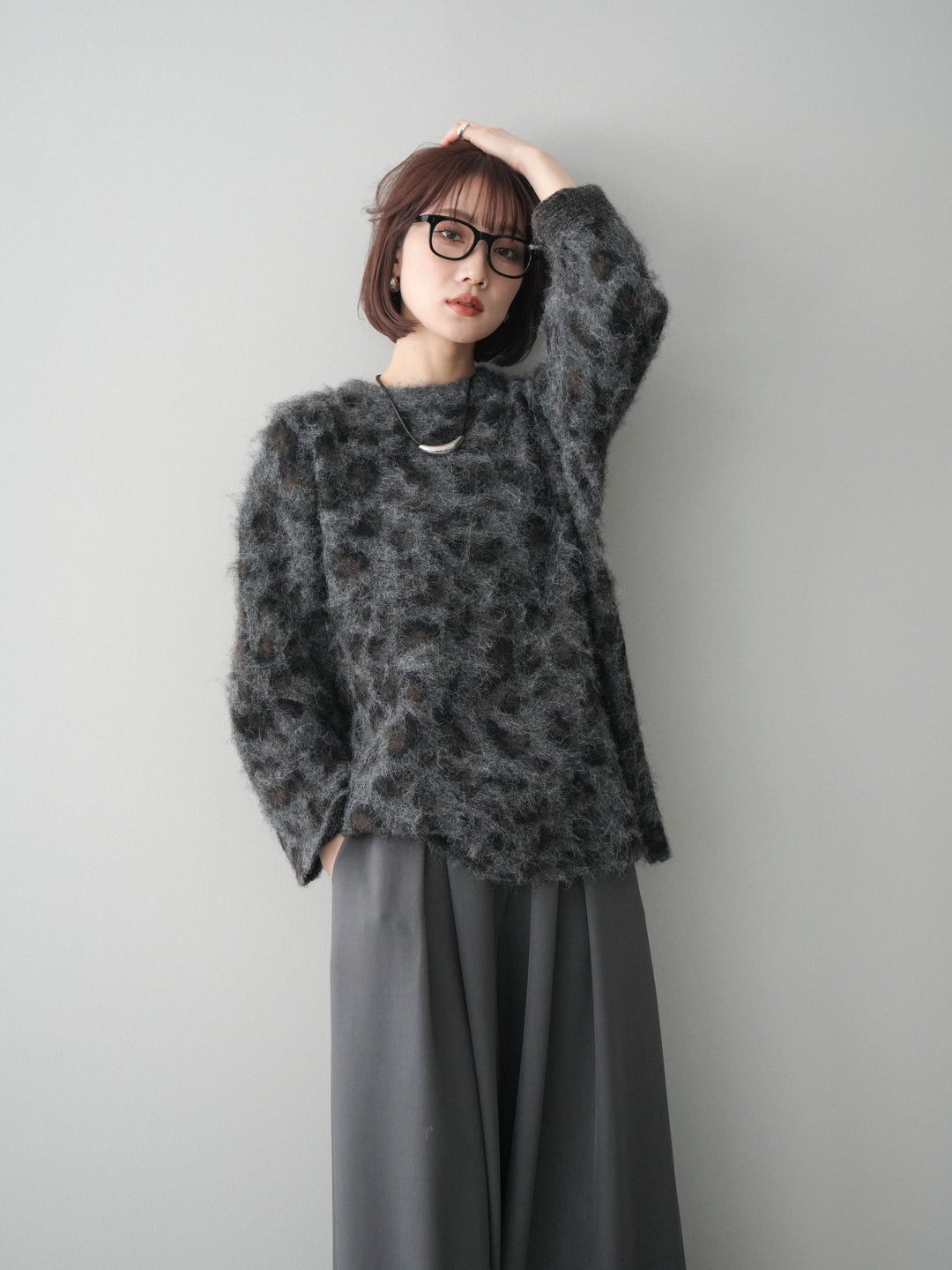 [予約]レオパードシャギーニットプルオーバー/gray