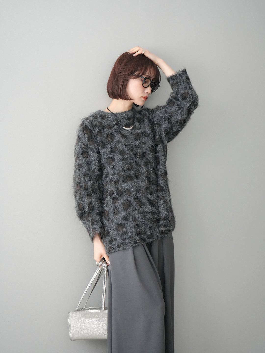 [予約]レオパードシャギーニットプルオーバー/gray