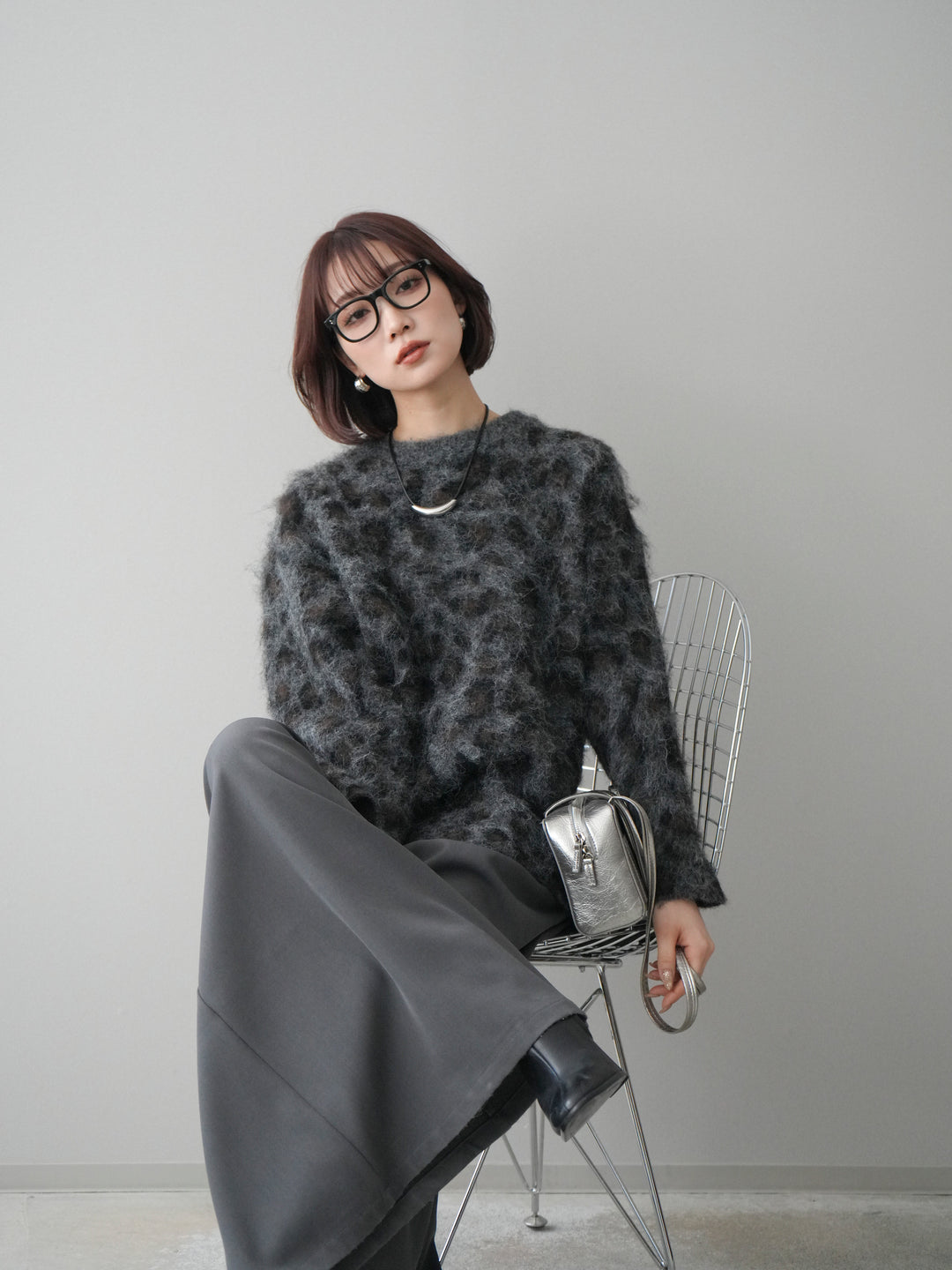 [予約]レオパードシャギーニットプルオーバー/gray